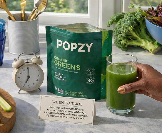 Person holding a glass of green juice next to a bag of Popzy Organic Greens on a table.